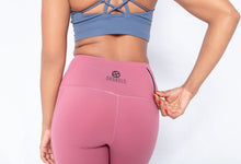 Load image into Gallery viewer, Shakolo high neckline bra in dark blue and high waist leggings in pink back view model with a hand on the zipper