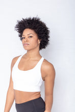 Load image into Gallery viewer, Shakolo crossover bra in white and mid rise leggings in black front view close up
